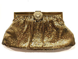 WHITING & DAVIS Gold Metal Mesh Clutch Purse with Rhinestone Clasp Vintage USA